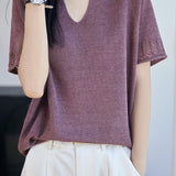 Elegant Seamless Integrated V-neck Short Sleeve Knit Top