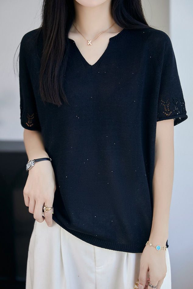 Elegant Seamless Integrated V-neck Short Sleeve Knit Top