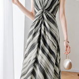 French Elegant V-neck Striped Dress