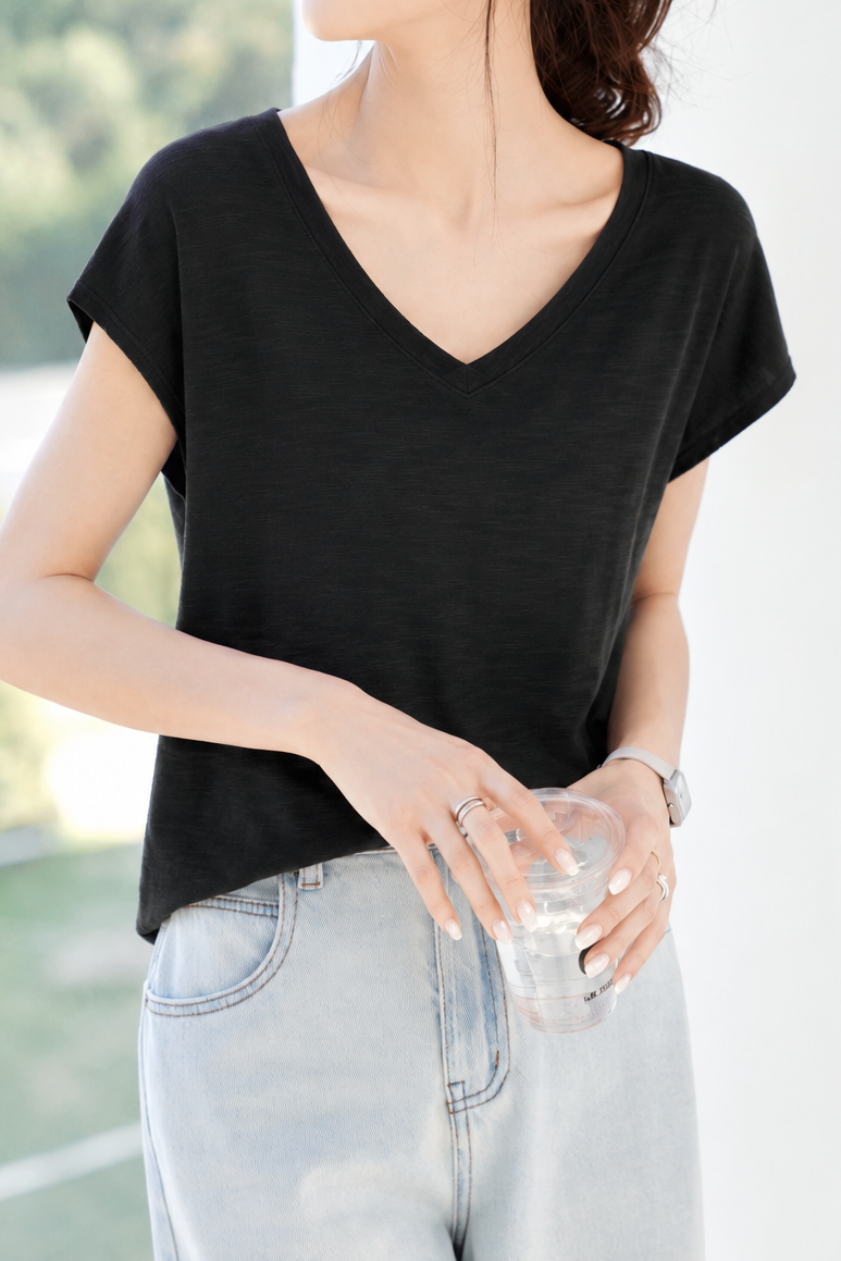 Delicate V-neck Back Hollow Lace T-shirt