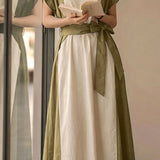 Elegant Color Contrast V-neck Tie Dress