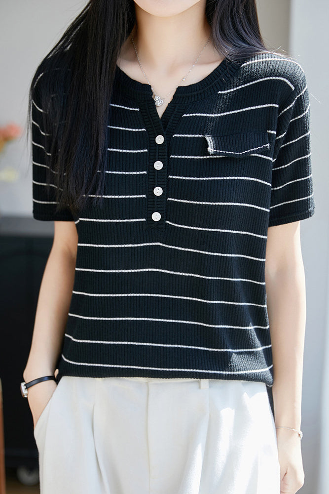 Casual Commute Half-Zip Color Block Striped Knit Top
