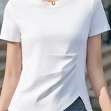 Elegant Commute Side Pleated Slit T-Shirt