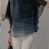 Gradient Geometric Print Double Layer Ruffled Sleeve Shirt