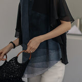 Gradient Geometric Print Double Layer Ruffled Sleeve Shirt