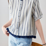 Casual Color Block Ruffled Vertical Stripe Shirt