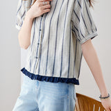 Casual Color Block Ruffled Vertical Stripe Shirt