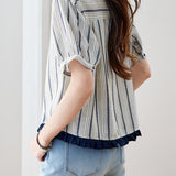 Casual Color Block Ruffled Vertical Stripe Shirt