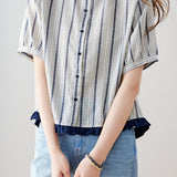 Casual Color Block Ruffled Vertical Stripe Shirt