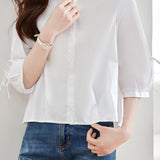 Commute Drawstring Tie Front Pure Cotton White Shirt