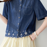 Casual Floral Cut-Out Embroidered Denim Shirt