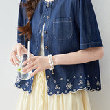 Casual Floral Cut-Out Embroidered Denim Shirt