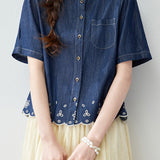 Casual Floral Cut-Out Embroidered Denim Shirt