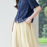 Casual Floral Cut-Out Embroidered Denim Shirt