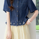 Casual Floral Cut-Out Embroidered Denim Shirt