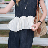 Casual Commute Paneled Pleated Ruffled Sleeve Short Sleeve Set