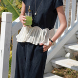 Casual Commute Paneled Pleated Ruffled Sleeve Short Sleeve Set