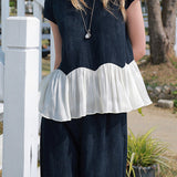 Casual Commute Paneled Pleated Ruffled Sleeve Short Sleeve Set
