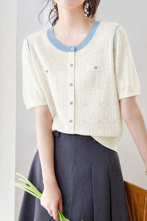 Casual Elegant Color Block Round Neck Short Sleeve Knit Top