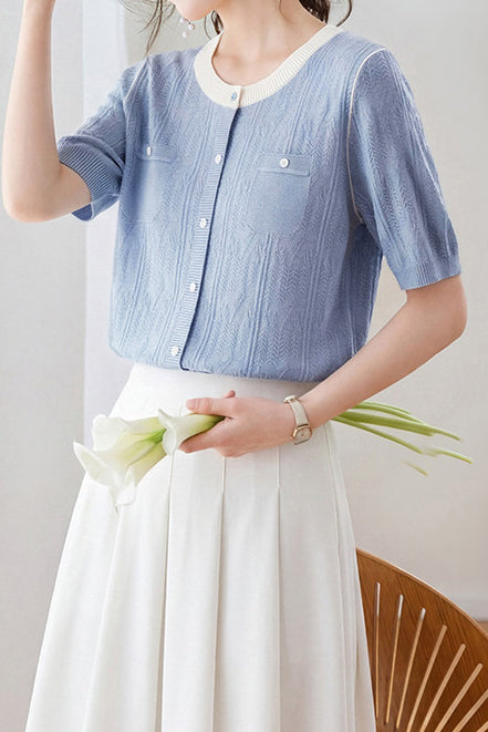 Casual Elegant Color Block Round Neck Short Sleeve Knit Top