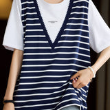 Casual Commuter V-neck Stripe Fake Two-piece T-shirt