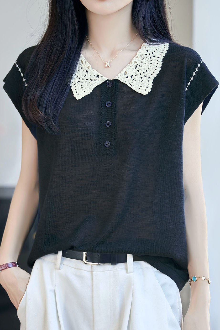 Gentle Commuter Lace Doll Collar Short Sleeve Knit Top