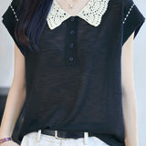 Gentle Commuter Lace Doll Collar Short Sleeve Knit Top