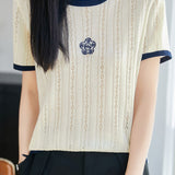 Gentle Commuter Color Contrast Crew Neck Hollow-out Short Sleeve Knit Top