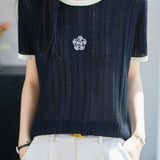 Gentle Commuter Color Contrast Crew Neck Hollow-out Short Sleeve Knit Top
