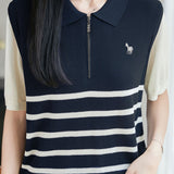 Elegant Commuter Half-zip Stripe Short Sleeve Knit Top