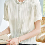 Light Luxury Commuter Beaded Vertical Stripe Chiffon Blouse