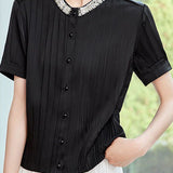Light Luxury Commuter Beaded Vertical Stripe Chiffon Blouse