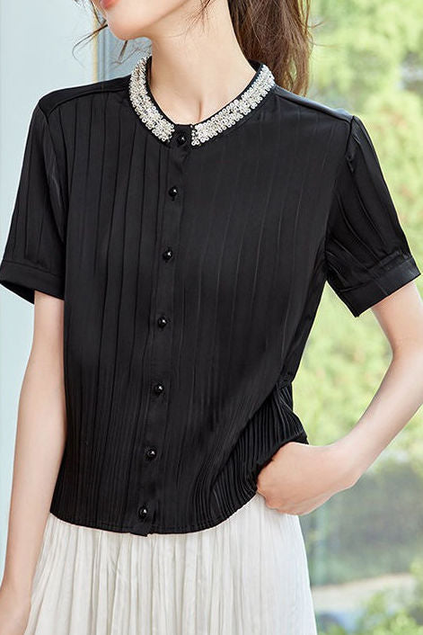 Light Luxury Commuter Beaded Vertical Stripe Chiffon Blouse