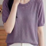 Elegant Commuter Ruffle Trim Short Sleeve Knit Top