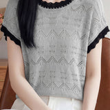 Gentle Commuter Color Contrast Wavy Crew Neck Hollow-out Short Sleeve Knit Top