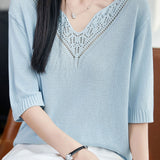 Elegant Commuter V-neck Hollow-out Embroidery Knit Top