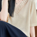 Elegant Commuter V-neck Hollow-out Embroidery Knit Top