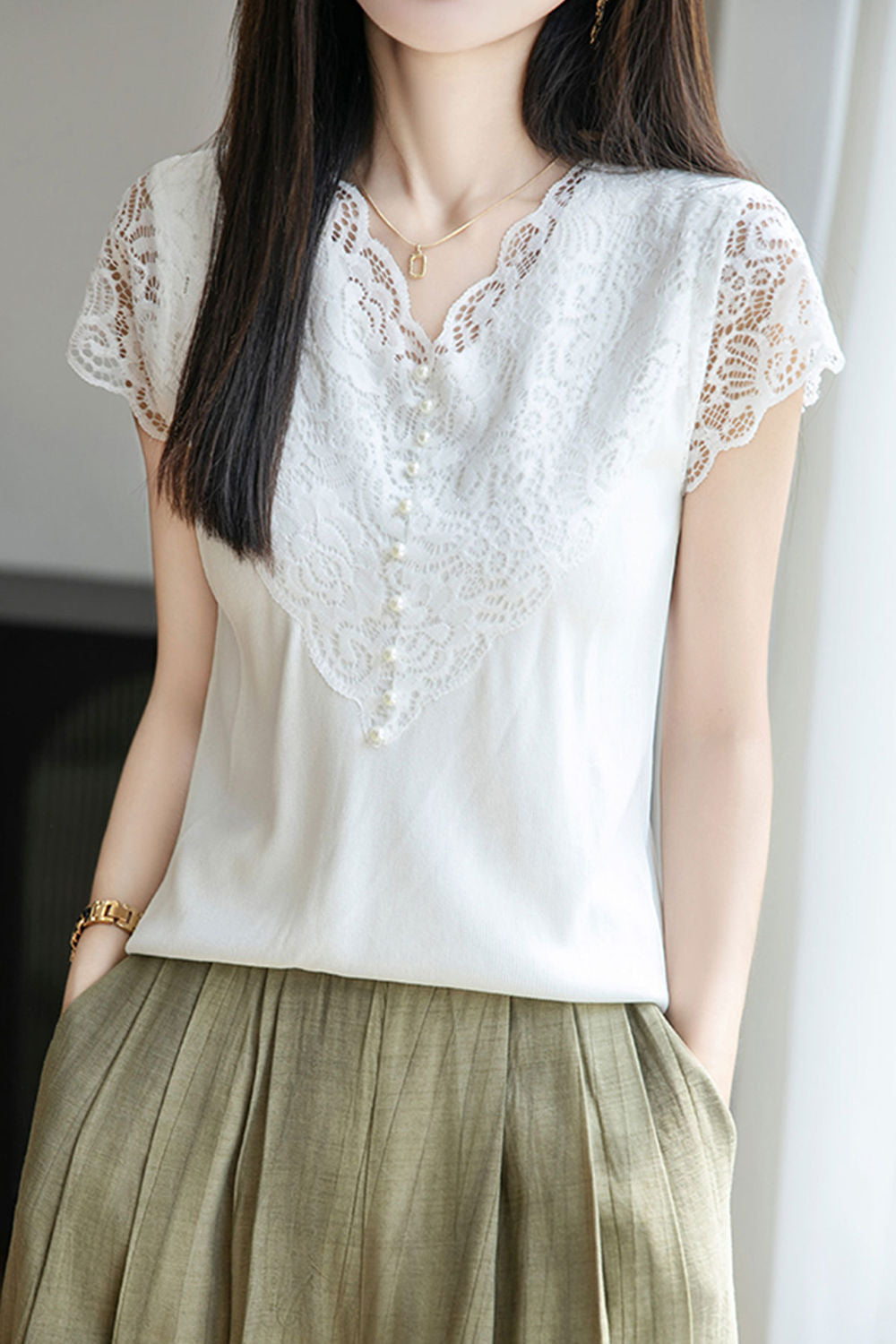 Elegant Commuter V-neck Lace Blouse
