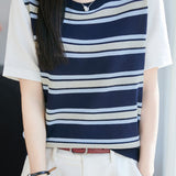 Casual Light Commuter Fake Two-piece Stripe Short Sleeve Knit T-shirt