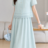 Delicate Elegant Ruffle Embroidery Top & Midi Skirt Two-piece Set