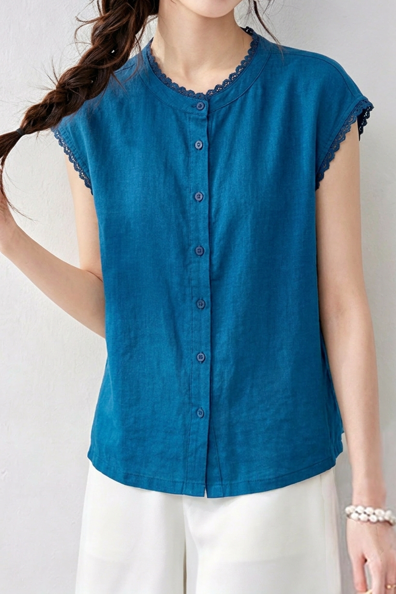 Casual Commuter Crew Neck Ruffle Cap Sleeve Blouse