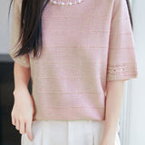 Delicate Elegant Tencel Lyocell Beaded Short Sleeve Knit Top