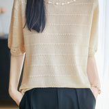 Delicate Elegant Tencel Lyocell Beaded Short Sleeve Knit Top