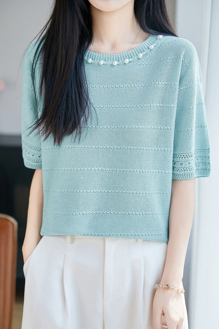 Delicate Elegant Tencel Lyocell Beaded Short Sleeve Knit Top