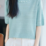Delicate Elegant Tencel Lyocell Beaded Short Sleeve Knit Top