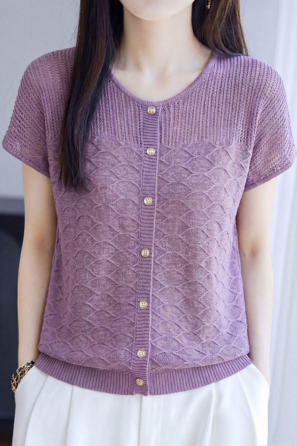 Elegant Commuter Tencel Lyocell Crew Neck Short Sleeve Knit Top