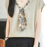 Elegant Commuter V-Neck Printed Sash Short Sleeve Knit Top