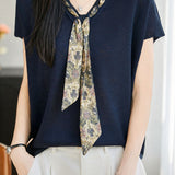 Elegant Commuter V-Neck Printed Sash Short Sleeve Knit Top