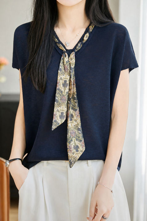 Elegant Commuter V-Neck Printed Sash Short Sleeve Knit Top