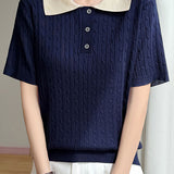Elegant Commuter Color Contrast Cable Knit Short Sleeve Top